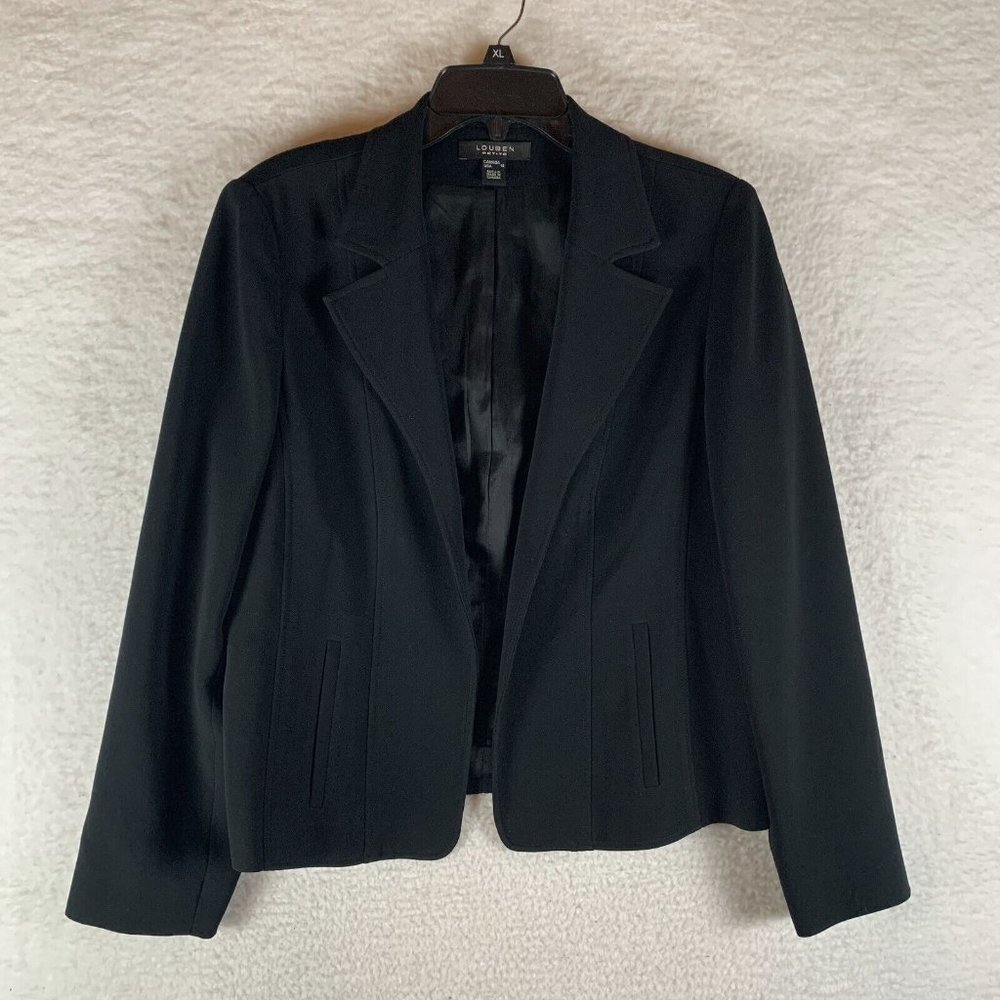 Louben Blazer Jacket Women's 12 Petite Black Pockets Open Front Notch Lapel 8584